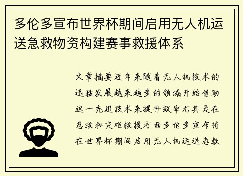 多伦多宣布世界杯期间启用无人机运送急救物资构建赛事救援体系